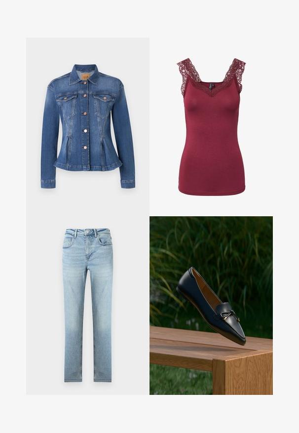 Jeanjakke i medium blå med en tætsiddende talje, to brystlommer, kobberknapper og spids krave. Slidte detaljer ved kanten.; Ærmeløs bordeaux tanktop med blondedetaljer ved halsudskæringen og skuldrene, figursyet, uden synlige mønstre eller knapper.; Lyseblå højttaljede jeans med lige ben, front- og baglommer, knaplukning og diskret falmning på lår og knæ.; Sort læderloafer med detaljeret sløjfe, der svæver over en træbænk med grøn græs og planter i baggrunden.