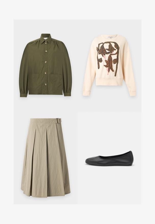 Chemise boutonnée vert olive avec manches longues bouffantes, deux poches avant et un col pointu.; Sweat crème avec motif floral abstrait brodé marron et rose texturé sur le devant, manches longues et col rond.; Jupe plissée beige avec une texture lisse, dotée de passants de ceinture et d'une coupe en forme de A, conçue avec une longueur jusqu'au genou.; Ballerines en cuir noir avec un bout rond, texture lisse, détails de couture minimalistes et design de semelle flexible.