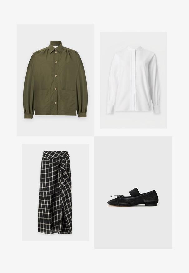 Chemise boutonnée vert olive avec manches longues bouffantes, deux poches avant et un col pointu.; Blouse blanche manches longues avec col mao et patte de boutonnage cachée, présentée sur un fond blanc uni.; Jupe longue noire avec motif à carreaux blanc et détail drapé asymétrique à l’avant sur fond uni.; Chaussure plate noire avec un bout pointu, fabriquée en tissu texturé, avec un accent à nœud et un petit talon rond. Sangle élastique au niveau de la cheville.