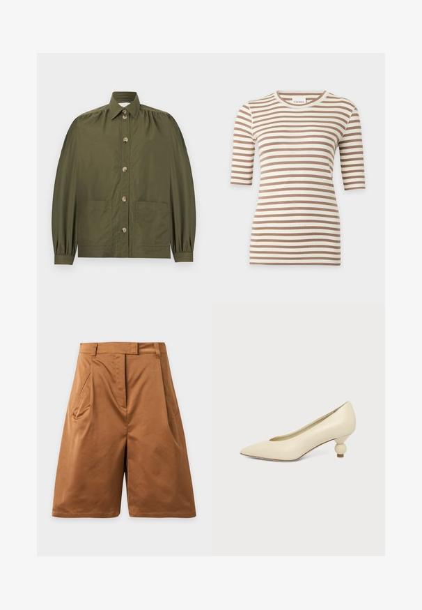 Chemise boutonnée vert olive avec manches longues bouffantes, deux poches avant et un col pointu.; Top en maille à manches courtes beige et blanc à rayures horizontales, col rond et coupe slim.; Shorts marron longueur genou avec poches latérales et passants de ceinture, en tissu lisse, présentés sur un fond gris clair uni.; Chaussure femme couleur crème à bout pointu avec un petit talon rond en forme de boule, sur fond uni.