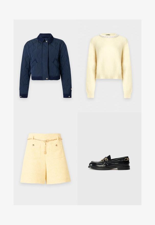 Veste matelassée bleu marine avec col en velours côtelé, fermeture à boutons-pression, poches latérales, poignets à boutons-pression et coupe courte.; Pull duveteux couleur crème avec manches longues et encolure ronde ornée d'une rangée de perles claires et rondes.; Shorts taille haute texturés jaunes avec poches avant et ceinture fine en chaîne dorée ornée de détails en forme de breloques circulaires.; Mocassins en cuir noir avec une finition brillante, dotés de deux boucles dorées et d'un talon bas. Texture lisse avec un design à bout arrondi.