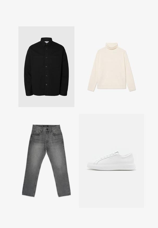 Zwarte langemouw blouse met knoopsluiting, voorzien van twee borstzakken en een klassieke kraag, weergegeven tegen een effen lichte achtergrond.; Crème geribde turtleneck trui van zachte stof, met lange mouwen en een ontspannen pasvorm, voorzien van een opgestikte kraag en zoom.; Zwarte jeans met een hoge taille en rechte pijpen, voorzien van een knoopsluiting aan de voorkant, rits, riemlussen en zakken aan de voor- en achterkant.; Witte sneakers van glad synthetisch materiaal. Voorzien van een low-top ontwerp, verhoogde witte zool, ronde neus en vetersluiting met vijf oogjes.