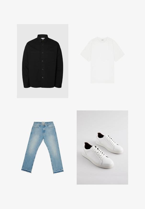 Zwarte langemouw blouse met knoopsluiting, voorzien van twee borstzakken en een klassieke kraag, weergegeven tegen een effen lichte achtergrond.; Witte korte mouwen t-shirt van katoen, met een ronde halslijn en een subtiele logo op de borst, met een gladde textuur.; Lichtblauwe denim jeans met rechte pijpen, een rafelige zoom en een ontwerp met vijf zakken. Voorzien van een knoopsluiting en riemlussen in de taille.; Witte lederen sneakers met een laag profiel, geperforeerde zijkanten, platte veters en een contrasterende bruine binnenvoering. Rubberen zool met een textuurpatroon.