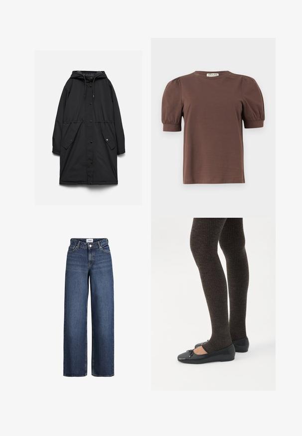 Parka longue noire à capuche avec fermeture boutonnée devant, capuche à cordon de serrage et poches à rabat avec boutons-pression.; Chemise marron à manches courtes avec manches bouffantes et poignets côtelés, col rond et petite étiquette "AWARE" à l'arrière du col.; Jean en denim bleu à jambes larges avec bouton et fermeture éclair à l’avant, passants de ceinture et poches, présenté sur fond blanc.; Jambes portant des leggings côtelés foncés associés à des ballerines noires avec de petits détails en nœud sur fond blanc.
