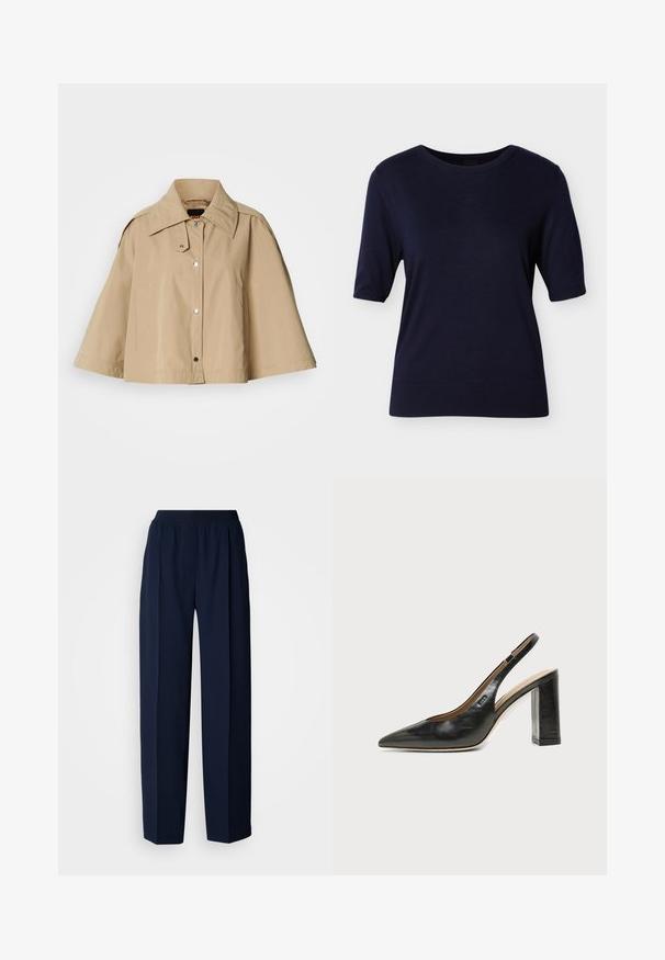 Veste courte beige avec un grand col, des boutons pression et des manches larges. Fabriquée en matériau lisse avec deux poches latérales.; Pull à manches courtes bleu marine avec un col rond, des poignets et un ourlet côtelés, fabriqué à partir d'un tissu en maille lisse. Aucun motif ou accent visible.; Pantalon droit bleu marine avec taille élastique et pli avant, présenté sur un fond blanc uni.; Chaussure slingback en cuir noir à bout pointu avec un talon bloc haut et une doublure intérieure beige sur un fond clair uni.