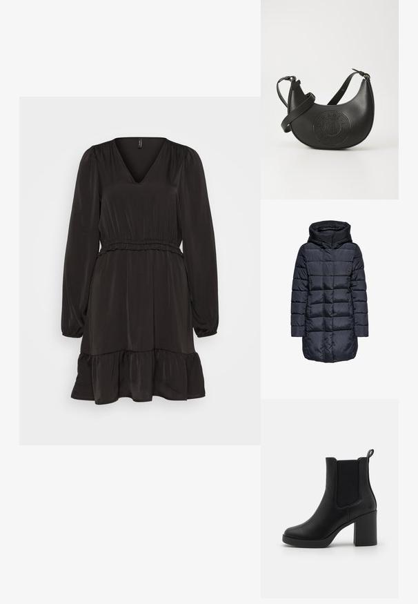 Padded tmavomodrá zimná bunda s kapucňou, s prešívaným dizajnom a predným zipsom, vyrobená z lesklého, hladkého materiálu.; Vero Moda VMKATRINE V NECK SHORT DRESS - Denné šaty - black; Čierne členkové topánky na vysokom podpätku vyrobené z syntetickej kože s elastickými bočnými panelmi, okrúhlou špičkou a štruktúrovaným blokovým podpätkom.; Čierna kožená kabelka s vyhnutým tvarom, ktorá má perforovaný kruhový dizajn a nastaviteľný popruh na nosenie cez telo.