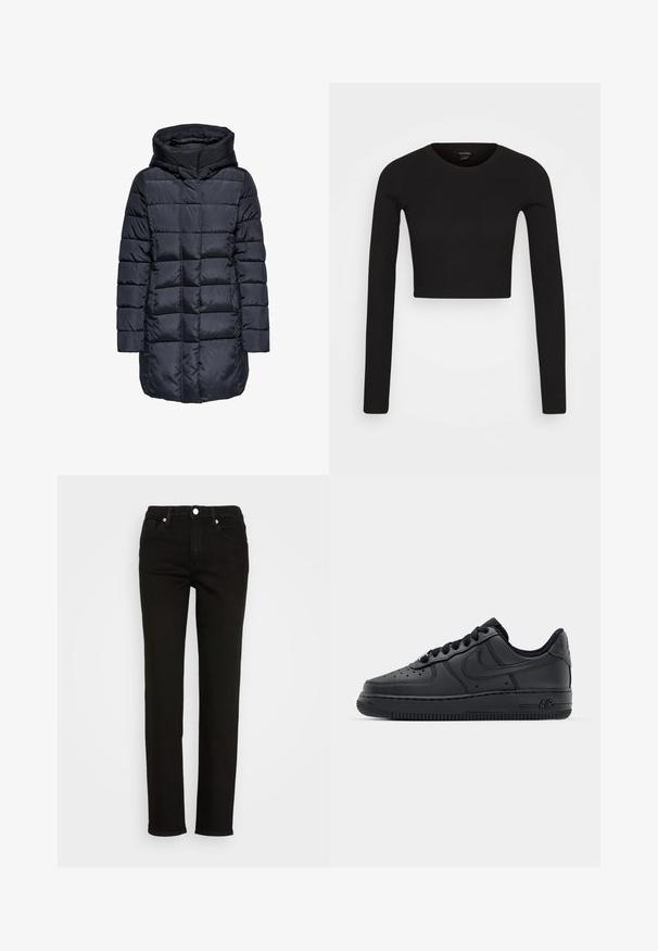 Padded tmavomodrá zimná bunda s kapucňou, s prešívaným dizajnom a predným zipsom, vyrobená z lesklého, hladkého materiálu.; Monki Top s dlhým rukávom - black dark; Monki Slimfit džínsy - black; Čierne kožené tenisky s perforovanou špičkou, plochými šnúrami a gumovou podrážkou. Obsahujú malé logo na boku a textúrované detaily.