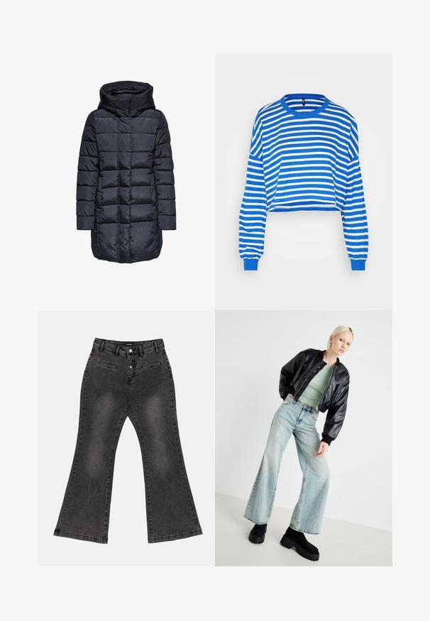 Padded tmavomodrá zimná bunda s kapucňou, s prešívaným dizajnom a predným zipsom, vyrobená z lesklého, hladkého materiálu.; ONLY ONLMAY CROPPED - Top s dlhým rukávom - blue bright white; Čierne rifľové nohavice s rozšírenými nohavicami a vysokým pásom, piatimi vreckami a zapínaním na gombík. Obsahujú blednúci efekt a prešitie.; Čierna kožená bomber bunda, svetlozelený priliehavý top, svetlomodré široké džínsy a masívne čierne platformové čižmy. Hladké textúry a kontrastné farby.