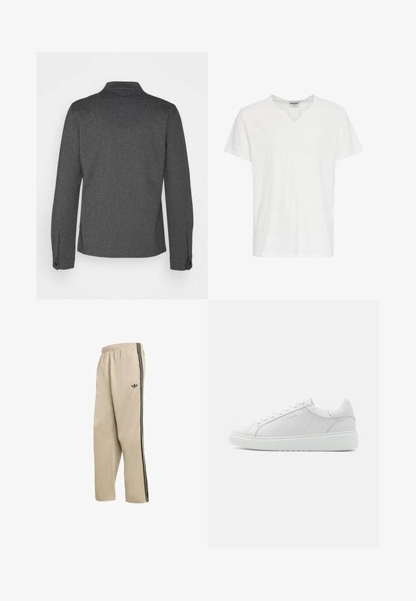 Donkergrijs overhemd met lange mouwen, een kraag, geribbelde manchetten en een rechte zoom. Gemaakt van gestructureerde stof, met een eenvoudig design.; Witte katoenen T-shirt met korte mouwen, een kleine V-hals met inkeping en twee knopen aan de kraag.; Beige sportbroek gemaakt van zacht materiaal, met zwarte zijstrepen en een klein zwart logo. Elastische tailleband voor een comfortabele pasvorm.; Witte lederen sneaker met een gladde textuur, ronde neus, laag profiel ontwerp en subtiele branding aan de zijkant. Gevoerde kraag en veters.