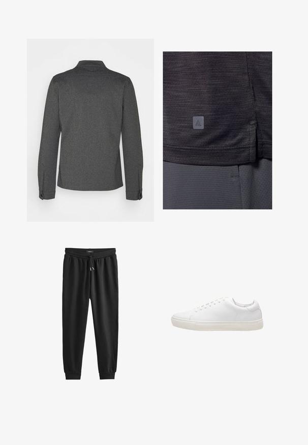 Camisa de manga larga gris oscuro con cuello, puños abotonados y dobladillo recto. Fabricada con tela texturizada, presenta un diseño sencillo.; Camiseta deportiva gris oscuro, hecha de tejido texturizado. Presenta una abertura lateral en el dobladillo y una pequeña etiqueta de logo en la esquina inferior izquierda.; Pantalones de chándal negros hechos de un tejido suave, con una cintura elástica con cordón, piernas ajustadas y puños acanalados en los tobillos.; Zapatilla de cuero blanco con textura suave, puntera redonda, cierre de cordones y suela de goma plana. Diseño minimalista sin patrones visibles.
