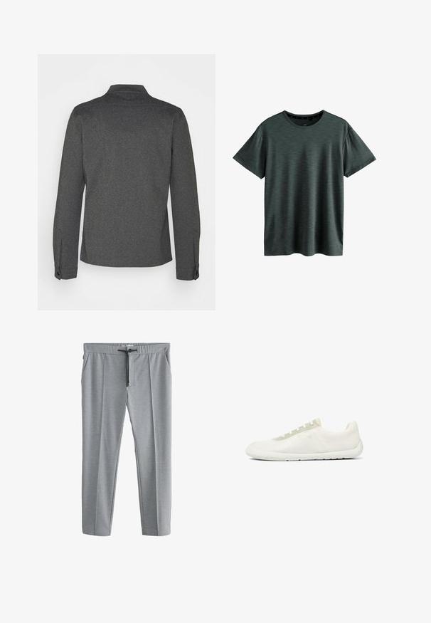 Donkergrijs overhemd met lange mouwen, een kraag, geribbelde manchetten en een rechte zoom. Gemaakt van gestructureerde stof, met een eenvoudig design.; Donkergrijze T-shirt gemaakt van zachte, gestructureerde stof. Beschikt over een klassieke ronde hals en korte mouwen met een subtiel patroon. Geen zichtbare logo's.; Lichtgrijze broek met rechte pijpen, een trekkoord in de taille en zijzakken, plat neergelegd op een witte achtergrond.; Minimalistische witte lage sneaker met gestructureerde meshstof, witte zool en lichtbeige veteroogpaneel.