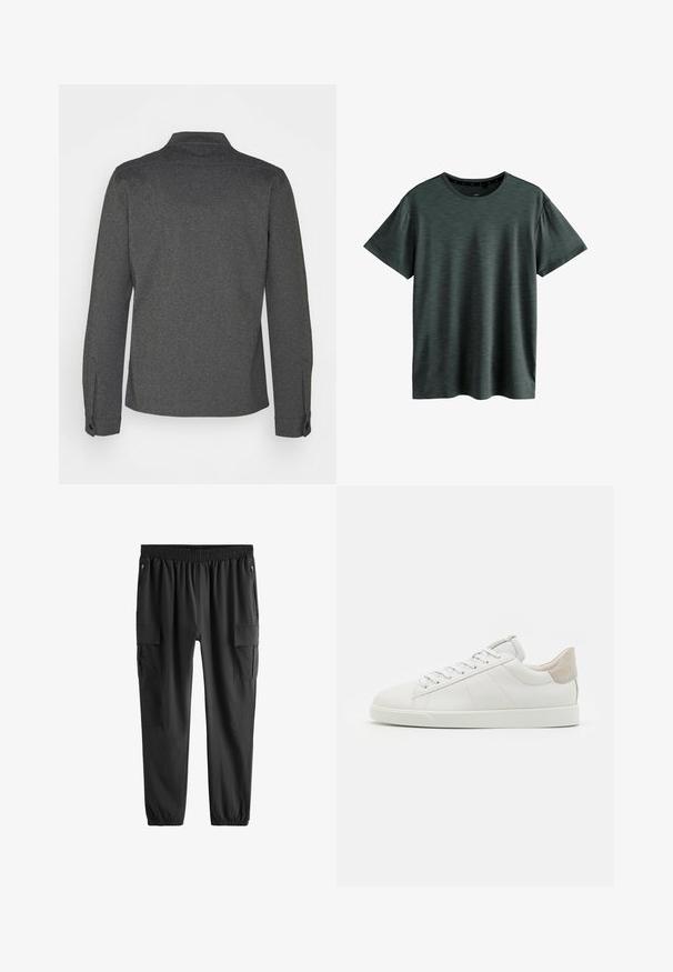 Donkergrijs overhemd met lange mouwen, een kraag, geribbelde manchetten en een rechte zoom. Gemaakt van gestructureerde stof, met een eenvoudig design.; Donkergrijze T-shirt gemaakt van zachte, gestructureerde stof. Beschikt over een klassieke ronde hals en korte mouwen met een subtiel patroon. Geen zichtbare logo's.; Zwarte cargobroek met elastische tailleband en boorden, met voorzakken met rits en klepzakken op de dijen.; Witte leren sneaker met een gladde oppervlakte, ronde neus en een lichtgrijs suède hakaccent, voorzien van een platte rubberen zool.