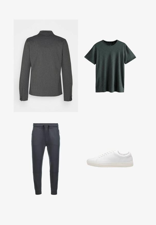 Mørkegrå langærmet skjorte med krave, manchetknapper og lige kant. Lavet af tekstureret stof og har et enkelt design.; Mørkeblå T-shirt lavet af blødt, struktureret stof. Har en klassisk rund hals og korte ærmer med et subtilt mønster. Ingen synlige logoer.; Mørkegrå sweatpants lavet af blødt stof, med en snoretræk i taljen, to lynlåslommer på siden og paneldetaljer på benene.; Hvide lædersneakers med en glat overflade, rund tå, snørebåndslukning og flad gummisål. Minimalistisk design uden synlige mønstre.