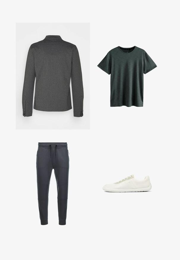 Donkergrijs overhemd met lange mouwen, een kraag, geribbelde manchetten en een rechte zoom. Gemaakt van gestructureerde stof, met een eenvoudig design.; Donkergrijze T-shirt gemaakt van zachte, gestructureerde stof. Beschikt over een klassieke ronde hals en korte mouwen met een subtiel patroon. Geen zichtbare logo's.; Donkergrijze sweatpants van zacht materiaal, met een tailleband met trekkoord, twee zijzakken met rits en paneeldetails op de benen.; Minimalistische witte lage sneaker met gestructureerde meshstof, witte zool en lichtbeige veteroogpaneel.