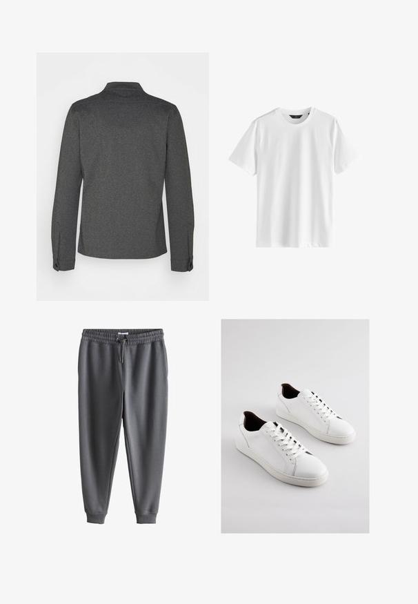 Donkergrijs overhemd met lange mouwen, een kraag, geribbelde manchetten en een rechte zoom. Gemaakt van gestructureerde stof, met een eenvoudig design.; Witte katoenen T-shirt met korte mouwen en een ronde hals. Gladde textuur, eenvoudig ontwerp, zonder zichtbare patronen of accenten.; Donkergrijze joggingbroek met elastische tailleband en trekkoord, taps toelopende pijpen en geribbelde boorden bij de enkels.; Witte lederen sneakers met een laag profiel, geperforeerde zijkanten, platte veters en een contrasterende bruine binnenvoering. Rubberen zool met een textuurpatroon.
