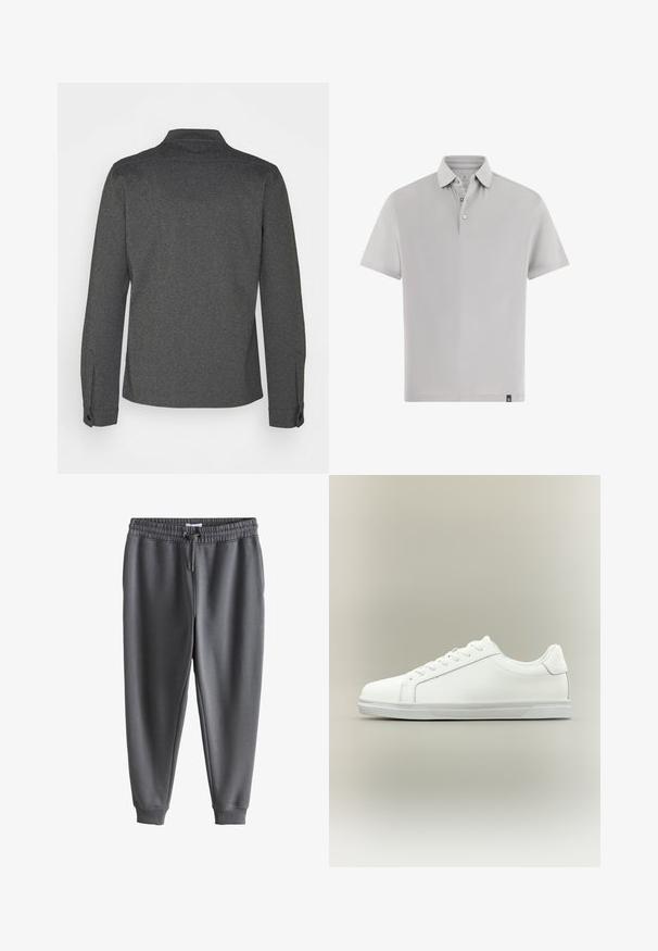 Donkergrijs overhemd met lange mouwen, een kraag, geribbelde manchetten en een rechte zoom. Gemaakt van gestructureerde stof, met een eenvoudig design.; Grijs poloshirt met korte mouwen van gladde stof. Voorzien van een klassieke kraag, een twee-knopenhals en een klein merkje op de zoom.; Donkergrijze joggingbroek met elastische tailleband en trekkoord, taps toelopende pijpen en geribbelde boorden bij de enkels.; Witte lage sneaker met veterluiting aan de voorkant en een gestructureerde rubberen zool tegen een neutrale achtergrond.