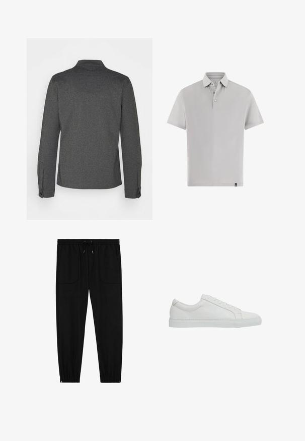 Camisa de manga larga gris oscuro con cuello, puños abotonados y dobladillo recto. Fabricada con tela texturizada, presenta un diseño sencillo.; Polo gris de manga corta hecho de tela suave. Cuenta con un cuello clásico, una tapeta con dos botones y una pequeña etiqueta con marca en el dobladillo.; Pantalones jogger negros con cintura elástica, cordón ajustable, bolsillos frontales de parche y puños elásticos sobre un fondo blanco.; Reiss REGULAR FIT - LUCA TUMBLED - Zapatillas - white