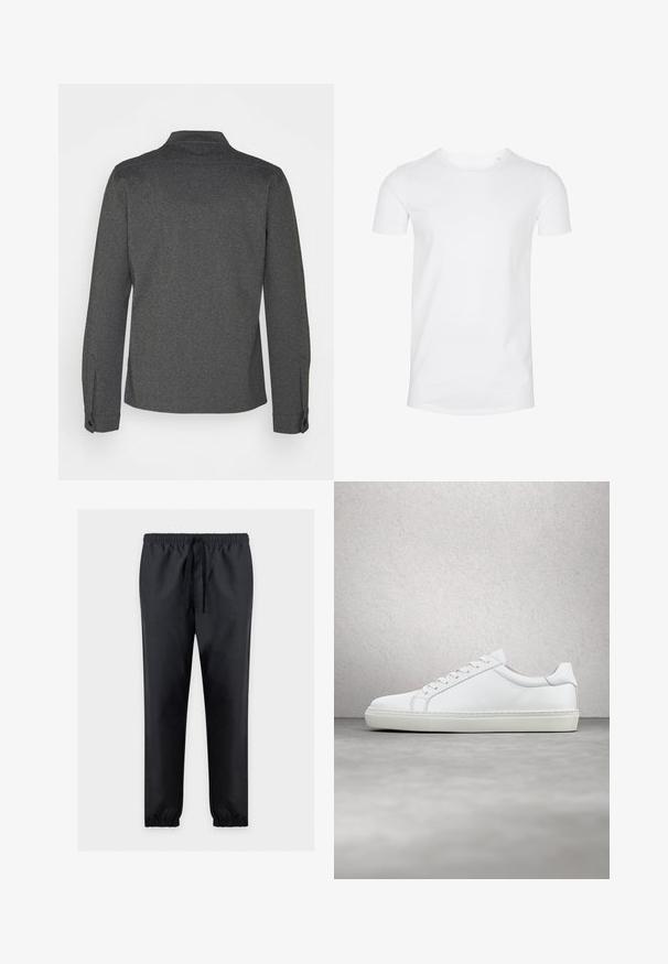 Mørkegrå langærmet skjorte med krave, manchetknapper og lige kant. Lavet af tekstureret stof og har et enkelt design.; Hvid bomulds kortærmet t-shirt med rund halsudskæring. Glat tekstur, klassisk pasform og ingen synlige mønstre eller detaljer.; Sorte afslappede bukser med elastisk talje og snørre, indsnævrede ben med elastiske manchetter, vist mod en ensfarvet baggrund.; Hvide sneakers med en glat læderoverdel og lav profil. Har en rund tå, seks snørehuller og en tekstureret gummisål.