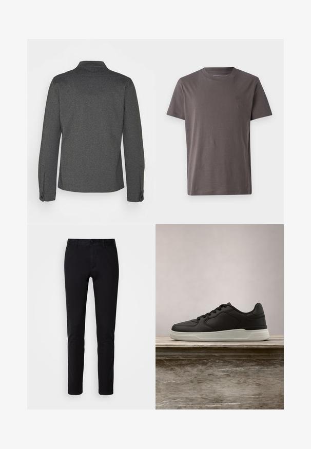 Camisa de manga larga gris oscuro con cuello, puños abotonados y dobladillo recto. Fabricada con tela texturizada, presenta un diseño sencillo.; Camiseta de manga corta con cuello redondo en gris oscuro, hecha de algodón suave, con un logo sutil en el pecho y un corte regular.; Pantalones negros de tela de algodón suave, con diseño de pierna recta, bolsillos delanteros, cierre de botón y un acabado limpio.; Zapatilla negra con suela blanca suspendida sobre un banco de madera, con follaje verde en el fondo desenfocado.