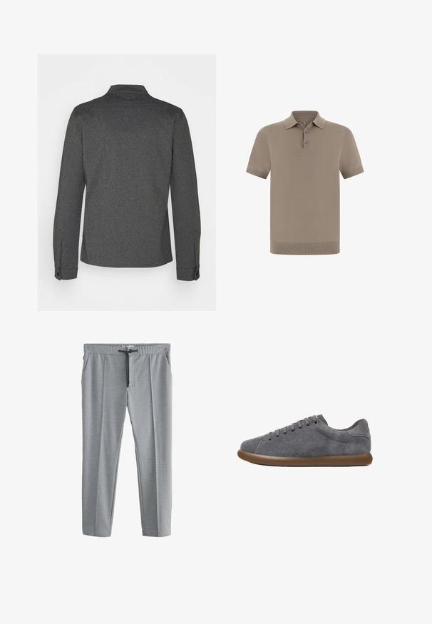 Camisa de manga larga gris oscuro con cuello, puños abotonados y dobladillo recto. Fabricada con tela texturizada, presenta un diseño sencillo.; Polo en topo con acabado texturizado, mangas cortas y cuello. Cuenta con una tapeta de tres botones y puños acanalados.; Pantalones gris claro de pierna recta con cintura de cordón y bolsillos laterales, mostrados planos sobre un fondo blanco.; Zapatilla deportiva gris de ante de corte bajo con suela de goma marrón y cordones grises vista de lado sobre fondo blanco.
