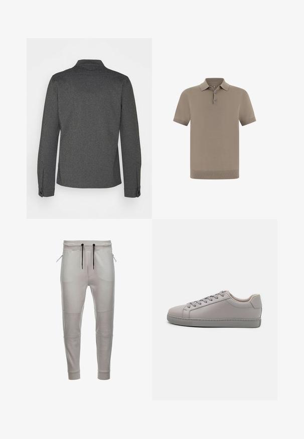 Camisa de manga larga gris oscuro con cuello, puños abotonados y dobladillo recto. Fabricada con tela texturizada, presenta un diseño sencillo.; Polo en topo con acabado texturizado, mangas cortas y cuello. Cuenta con una tapeta de tres botones y puños acanalados.; Pantalones de chándal gris claro hechos de una tela suave, con cintura elástica, cordones negros, bolsillos laterales con cremallera y puños acanalados en los tobillos.; Zapatillas de cuero gris con un acabado suave, cordones planos, punta redondeada y una suela de goma gris a contraste. Diseño minimalista y textura.