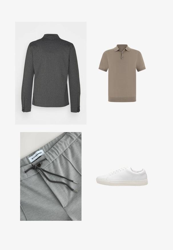 Camisa de manga larga gris oscuro con cuello, puños abotonados y dobladillo recto. Fabricada con tela texturizada, presenta un diseño sencillo.; Polo en topo con acabado texturizado, mangas cortas y cuello. Cuenta con una tapeta de tres botones y puños acanalados.; Pantalones jogger de algodón gris con cintura ajustable, que presentan un detalle de botón y una textura sutil. La etiqueta dice "BUZZBRANDS".; Zapatilla de cuero blanco con textura suave, puntera redonda, cierre de cordones y suela de goma plana. Diseño minimalista sin patrones visibles.