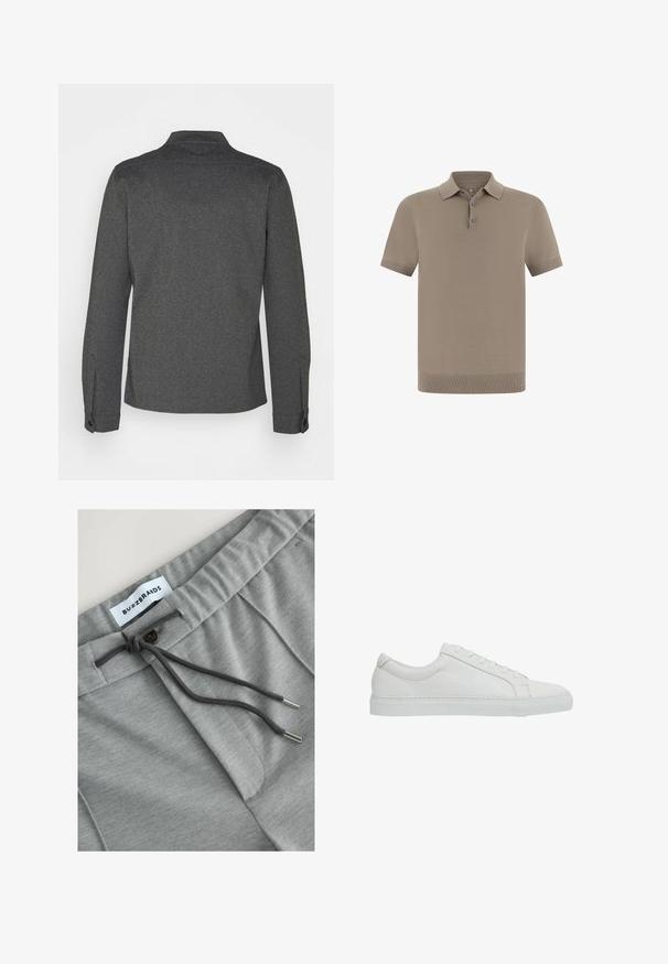 Donkergrijs overhemd met lange mouwen, een kraag, geribbelde manchetten en een rechte zoom. Gemaakt van gestructureerde stof, met een eenvoudig design.; Polohemd in taupe met een gestructureerde afwerking, korte mouwen en een kraag. Heeft een knoopsluiting met drie knopen en geribbelde boorden.; Grijze katoenen joggers met een trekkoord in de taille, voorzien van een knoopdetail en subtiele textuur. Het label leest "BUZZBRANDS."; Reiss REGULAR FIT - LUCA TUMBLED - Sneakers laag - white