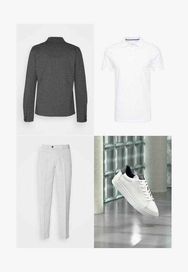 Donkergrijs overhemd met lange mouwen, een kraag, geribbelde manchetten en een rechte zoom. Gemaakt van gestructureerde stof, met een eenvoudig design.; Witte polo shirt van katoen, met een traditionele kraag, korte mouwen en een drie-knopenlijst met subtiele marineblauwe accenten aan de binnenkant.; Lichtgrijze broeken van een gestructureerde stof, met een knoopsluiting, een vlakke voorkant en tapse benen voor een gestroomlijnde pasvorm.; Witte leren sneaker met zwarte hiel en tong, veterontwerp, GANT-logo op de zijkant en de tong, weergegeven in een moderne binnenruimte.