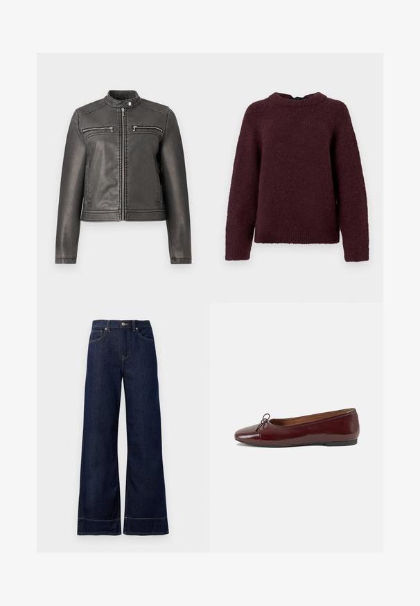Must must läike, millel on kõrge kaelus, kaks tõmblukuga rinna taskut ja kitsas siluett. Sujuv tekstuur ja minimalistlik disain.; Tume burgundia pika varrukaga kootud jumpers ümmarguse kaelusega ning soonikuga randmetes ja alläärtes.; Tumedatest sinisest denimist laiad püksid. Omavad nööbi sulgemist, õmblusdetailide ja küljetaskutega. Laienev alumine äär.; Burgundi patendnahk kingad balletitüüpi, ümmarguse ninaosa, ees väike paelaaktsent ja madal must kummist tald. Sile tekstuur.