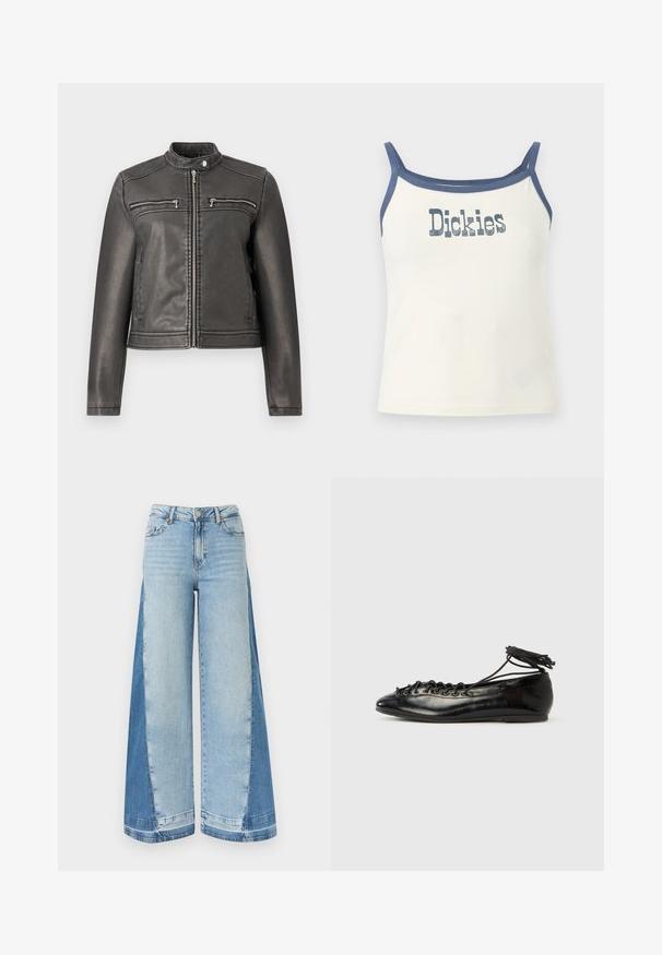 Schwarze Kunstlederjacke mit hohem Kragen, zwei mit Reißverschluss versehenen Brusttaschen und einer taillierten Silhouette. Glatte Textur und minimalistisches Design.; Weißes Croptop mit dünnen blauen Trägern und blauen Abschlüssen, mit abgenutztem "Dickies" Logo zentral auf der Brust.; Weit geschnittene Jeans mit hellblauen Frontpaneelen und dunklerblauen Seitenpaneelen, ausgestattet mit Knopf- und Reißverschluss sowie Gürtelschlaufen.; Schwarze Ballerinas aus Lackleder mit runder Spitze, Schnürdesign und flacher Sohle. Glatte Textur mit minimaler Verzierung.