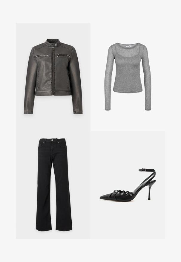 Zwarte neplederen jacket met een hoge kraag, twee ritsborstzakken en een getailleerd silhouet. Glad textuur en minimalistisch ontwerp.; Grijze geribbelde gebreide top met lange mouwen, een ronde halslijn en een nauwsluitend silhouet.; Zwarte high-waist jeans met rechte wijde pijpen, voorzakken, ceintuurlussen en een metalen knoopsluiting op een witte achtergrond.; Zwarte pumps met hoge hak en spitse neus, gegolfde randen, metalen oogjes, vetergespsluiting aan de voorzijde en enkelriem met gespsluiting.
