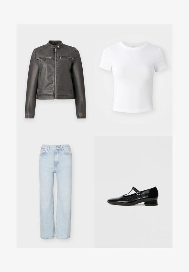 Schwarze Kunstlederjacke mit hohem Kragen, zwei mit Reißverschluss versehenen Brusttaschen und einer taillierten Silhouette. Glatte Textur und minimalistisches Design.; Weißes, kurzärmeliges, cropped T-Shirt mit Rundhalsausschnitt, auf einem neutralen, hellen Hintergrund präsentiert.; Hellblaue Jeans mit hoher Taille und geradem Bein, mit vorderem Knopf und Reißverschluss, vorn und hinten mit Taschen, auf einfarbigem Hintergrund.; Schwarze Mary Jane Schuhe aus Leder mit spitzer Spitze, kleinem Blockabsatz und verstellbarem Riemen mit silberner Schnalle. Glatte, glänzende Textur.