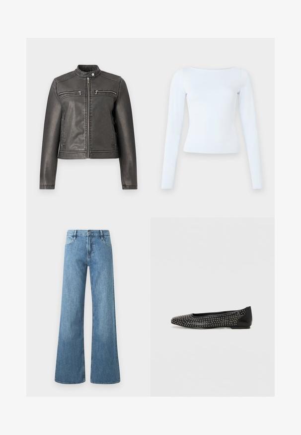 Zwarte neplederen jacket met een hoge kraag, twee ritsborstzakken en een getailleerd silhouet. Glad textuur en minimalistisch ontwerp.; Langarm, lichtblauwe fitted top met een bootnek en een eenvoudig, strak ontwerp op een effen achtergrond.; Lichtblauwe wijde jeans van denim. Heeft een hoge taille, vijf zakken, en een knoopsluiting met zichtbare stikseldetails.; Zwarte platte schoen met een spitse neus, versierd met zilveren oogjes over de bovenkant, en een solide zwarte hak. Gestructureerd oppervlak.