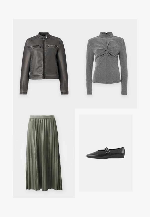 Must must läike, millel on kõrge kaelus, kaks tõmblukuga rinna taskut ja kitsas siluett. Sujuv tekstuur ja minimalistlik disain.; Mustvalge pika varrukaga kõrge kaelusega särk, millel on tekstuurne muster, esiosas sõlme detail ja keha ligi soe siluett.; Pleated midi seelik hallikas roheline, valmistatud läikivast kangast. Omab elastset vööd ja ulatub keskmise sääreni, ühtlaste vertikaalsete voldikutega.; Must mustril leedjalats, millel on terav varvas, metallist pandla rihm üle jala ja madal, paindlik tall.