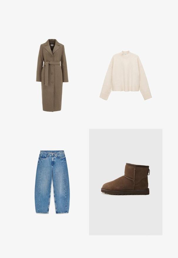 Bruine wollen mix jas met een op maat gemaakt ontwerp, lange mouwen, notch revers, knoopsluiting en een bijpassende strikriem in de taille.; Crème pullover trui gemaakt van zachte stof, met een hoge nek, verlaagde schouders en een cropped ontwerp met geribde boorden.; Lichtblauwe denim jeans met hoge taille, wijde pijpen en vijf zakken. Voorzien van contrasterende stiksels en een kleine metalen knoopsluiting.; UGG CLASSIC MINI II - Snowboots - dusted cocoa