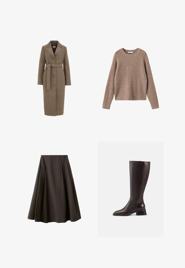 Bruine wollen mix jas met een op maat gemaakt ontwerp, lange mouwen, notch revers, knoopsluiting en een bijpassende strikriem in de taille.; Bruin geribd sweater met lange mouwen, ronde hals en een relaxte pasvorm. Kenmerkt zich door een textiel met verticale lijnen door het geheel.; Zwarte A-lijn rok met hoge taille en uitlopende zoom, gemaakt van gladde stof, getoond tegen een witte achtergrond.; Kniehoge bruine leren laarzen met een gladde afwerking, ronde neus en een gestapelde zwarte hak. Eenvoudig ontwerp met minimale hardwaredetails.