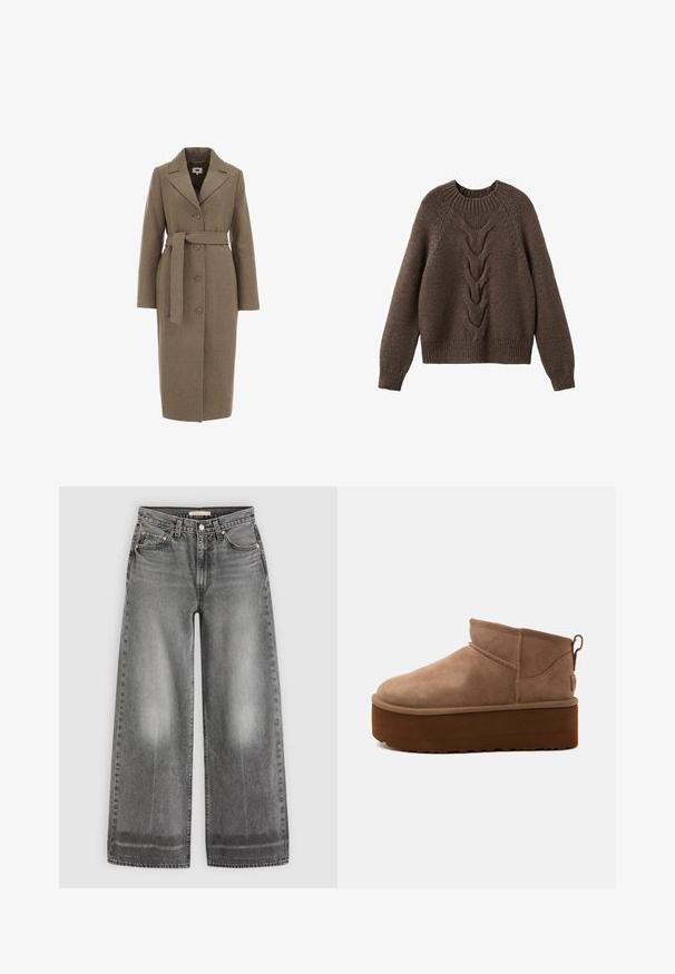 Bruine wollen mix jas met een op maat gemaakt ontwerp, lange mouwen, notch revers, knoopsluiting en een bijpassende strikriem in de taille.; Bruin gebreid sweater met een ronde halslijn, lange mouwen en een kabelbrei ontwerp dat over de voorkant loopt. Geribbelde zoom en manchetten.; Grijze denim jeans met hoge taille en wijde pijpen, voorste knoop, riemlussen en vervaagde details op dijen en zomen.; Halve hoogte bruine suède instapschoen met dikke plateauzool en een trek-lus aan de achterkant tegen een lichte achtergrond.