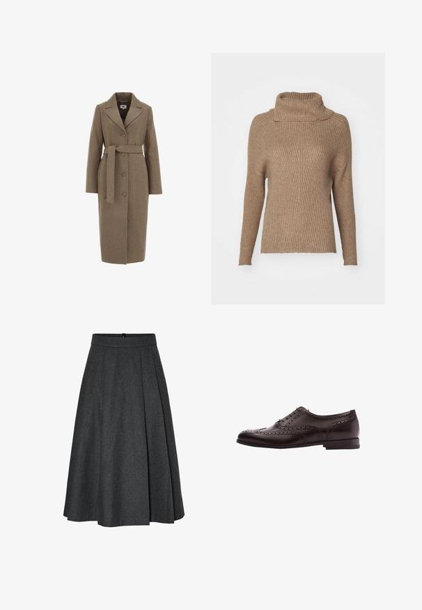 Bruine wollen mix jas met een op maat gemaakt ontwerp, lange mouwen, notch revers, knoopsluiting en een bijpassende strikriem in de taille.; ONLY ONLKATIA SADDLE ROLL NECK - Trui - malt ball; Donkergrijze knie-lange A-lijn rok met een tailleband en subtiele plooien aan de voorkant.; Bruine leren schoenen met brogue-details, vetersluiting, ronde neus en een lage gestapelde hak. Gepolijste afwerking en ingewikkelde perforaties.
