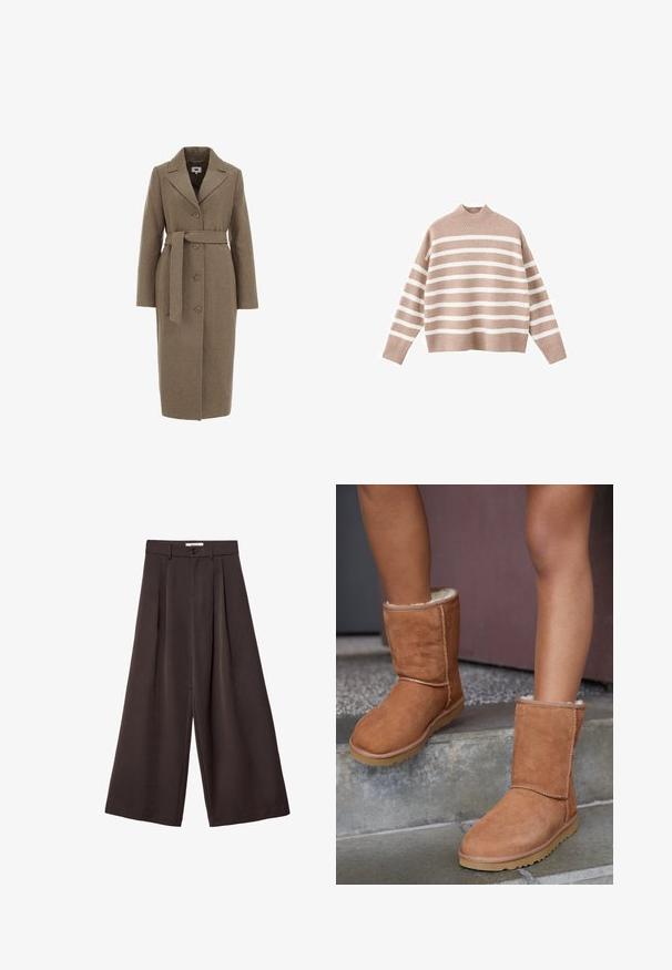 Brauner Wollmischungs-Mantel mit taillierter Passform, langen Ärmeln, Reverskragen, Knopfverschluss und passendem Bindegürtel in der Taille.; Beige gestreifter Pullover mit weißen horizontalen Streifen, ausgestattet mit einem gerippten hohen Halsausschnitt und weiten Ärmeln, aus weichem Strickstoff hergestellt.; Weit geschnittene Hosen aus dunkelbraunem Stoff, mit Falten, einem Knopfverschluss und glatter Textur; knöchellang mit maßgeschneidertem Design.; Braune Wildleder-Stiefeletten mit runder Spitze, weicher Innenausstattung und Gummisohle, die über sichtbare Nähte entlang der Nähte verfügen.