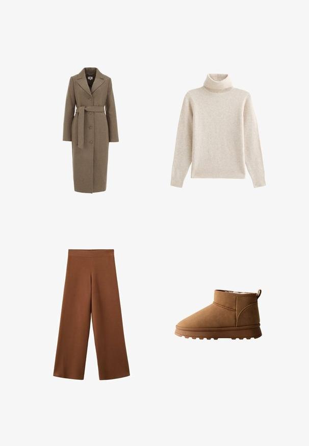 Brauner Wollmischungs-Mantel mit taillierter Passform, langen Ärmeln, Reverskragen, Knopfverschluss und passendem Bindegürtel in der Taille.; Beige Rollkragenpullover aus weichem, strukturiertem Stoff. Verfügt über lange Ärmel, einen gerippten Kragen und einen geraden Saum. Schlichtes Design.; Braune, weit geschnittene Hosen aus einem weichen, strukturierten Stoff. Besitzt einen hohen, elastischen Taillenbund und fällt locker bis zur Knöchelhöhe.; Braune Ankle Boots aus Wildleder mit strukturierter Oberfläche, runder Zehenpartie, dicker Sohle und einem Zugschlitz an der Rückseite. Gefüttertes Innenmaterial für Wärme.