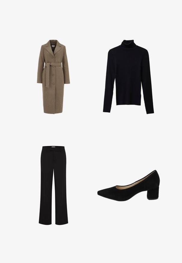 Brun uldblandet frakke med en skræddersyet design, lange ærmer, nøddeklapper, knaplukning og et matchende bælte i taljen.; Sort ribbet turtleneck sweater med lange ærmer, lavet af et blødt, strækbart materiale. Har en høj krave og en tætsiddende design.; Sorte bukser med lige ben, bæltestropper, lynlås foran og sidelommer på en hvid baggrund.; Sort ruskind pumpe med spids tå og mellemblokhæl, med en glat overflade og minimalistisk design.