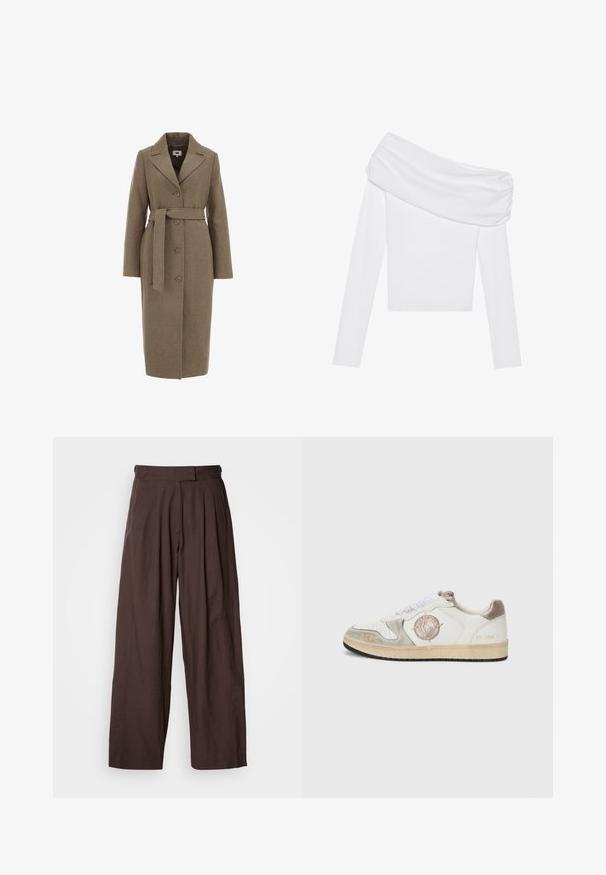 Bruine wollen mix jas met een op maat gemaakt ontwerp, lange mouwen, notch revers, knoopsluiting en een bijpassende strikriem in de taille.; Witte off-the-shoulder top met lange mouwen en een gedrapeerd halsontwerp. Gemaakt van een gladde stof met een getailleerde pasvorm.; Bruine wijduitlopende broek met hoge taille, geplooide voorkant en een gladde stoftextuur. Heeft twee zijzakken en een nette, op maat gemaakte uitstraling.; Witte sneaker met grijze suede accenten, ronde logo patch, gouden tekst en witte veters. Beschikt over een gestructureerde rubberen zool en een soepele leren bovenkant.