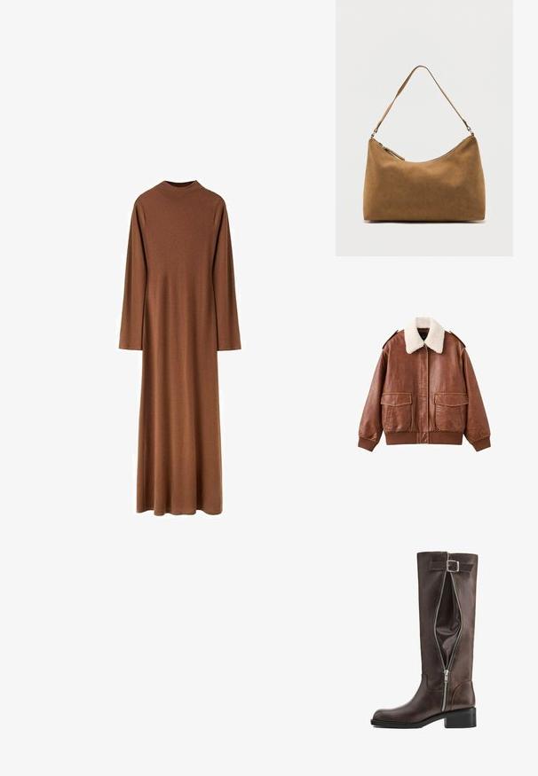 Veste aviateur en cuir marron avec un col en fausse fourrure blanche douce, deux poches avant, et des poignets et un ourlet côtelés. Texture lisse avec des coutures visibles.; Robe marron à manches longues, col montant, longueur jusqu'aux chevilles, en tissu lisse avec une coupe droite et ample.; Botte haute en cuir marron foncé avec une fermeture éclair latérale partiellement ouverte et une sangle décorative à boucle près du haut.; Sac à bandoulière en daim marron avec une seule sangle et une fermeture éclair supérieure, présenté sur un fond blanc uni.