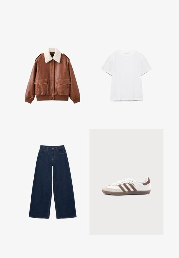 Veste aviateur en cuir marron avec un col en fausse fourrure blanche douce, deux poches avant, et des poignets et un ourlet côtelés. Texture lisse avec des coutures visibles.; T-shirt blanc uni à manches courtes et col rond, avec un ourlet droit, présenté sur un fond blanc.; Jean en denim bleu foncé à jambes larges avec poches avant, passants pour ceinture et fermeture par bouton à la taille, présenté à plat sur fond blanc.; Baskets Adidas Samba blanches avec des bandes en daim marron, semelle en caoutchouc marron et bout en daim beige, vues du côté extérieur sur un fond uni.