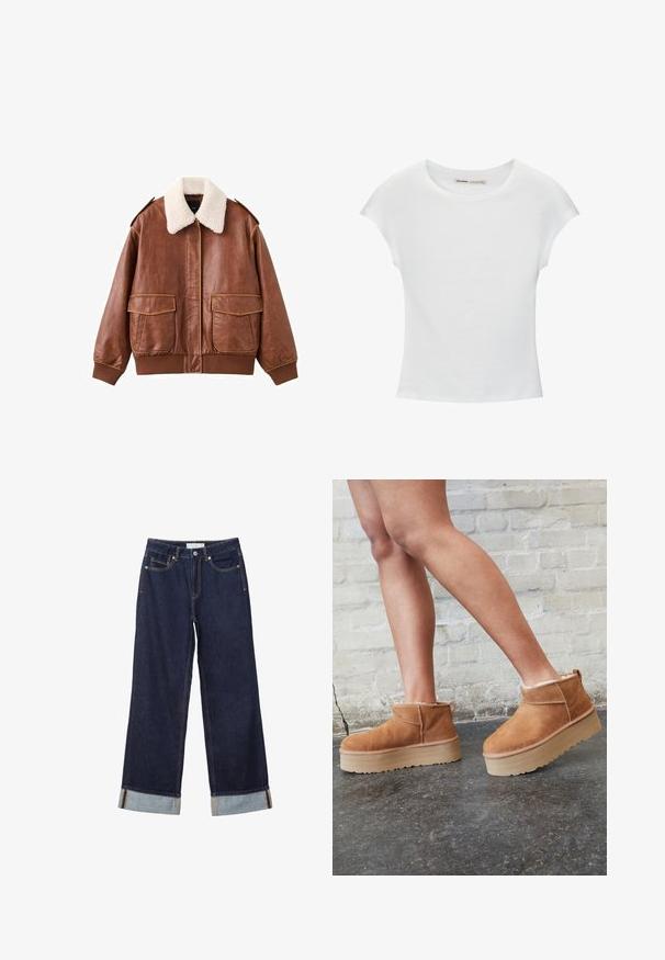 Veste aviateur en cuir marron avec un col en fausse fourrure blanche douce, deux poches avant, et des poignets et un ourlet côtelés. Texture lisse avec des coutures visibles.; T-shirt en coton blanc avec manches courtes retroussées, encolure ronde et ourlet droit. Texture lisse sans motifs ni accents visibles.; Jean denim bleu foncé à jambes larges avec ourlets retroussés, bouton devant, braguette zippée et design à cinq poches.; Bottines en suède marron avec une doublure en peluche, semelle épaisse en beige et une poignée à l'arrière. Surface texturée avec des détails de couture visibles.