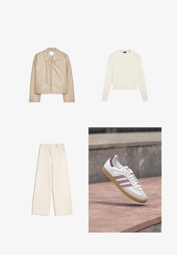 Beige cropped Jacke aus strukturiertem Kunstleder, mit großem Kragen, Frontreißverschluss und zwei seitlichen Taschen.; Schlichter weißer Strickpullover mit langen Ärmeln, gerippten Bündchen und Saum sowie rundem Halsausschnitt, auf weißem Hintergrund präsentiert.; Off-White weite Hosen mit Vordertaschen, Gürtelschlaufen und silbernen Knöpfen an Bund und Taschenrändern.; Weißer und rosa Adidas Samba Sneaker mit Gummisohle, der über einer Steinoberfläche schwebt und vor einem verschwommenen Steinwand-Hintergrund.