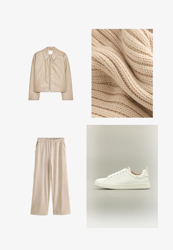 Beige cropped Jacke aus strukturiertem Kunstleder, mit großem Kragen, Frontreißverschluss und zwei seitlichen Taschen.; Beiger Strickstoff mit strukturiertem Rippenmuster, zeigt unterschiedliche Dicke und eine weiche, flauschige Oberfläche. Die Fäden sind dicht gewebt.; Beige Cordweite Hose mit elastischem Bund und seitlichen Taschen, flach auf weißem Hintergrund präsentiert.; Weißer Sneaker mit niedrigem Schaft, Schnürsenkeln, perforierten Seitendetails und einem Zuglasche an der Ferse, vor neutralem Hintergrund.