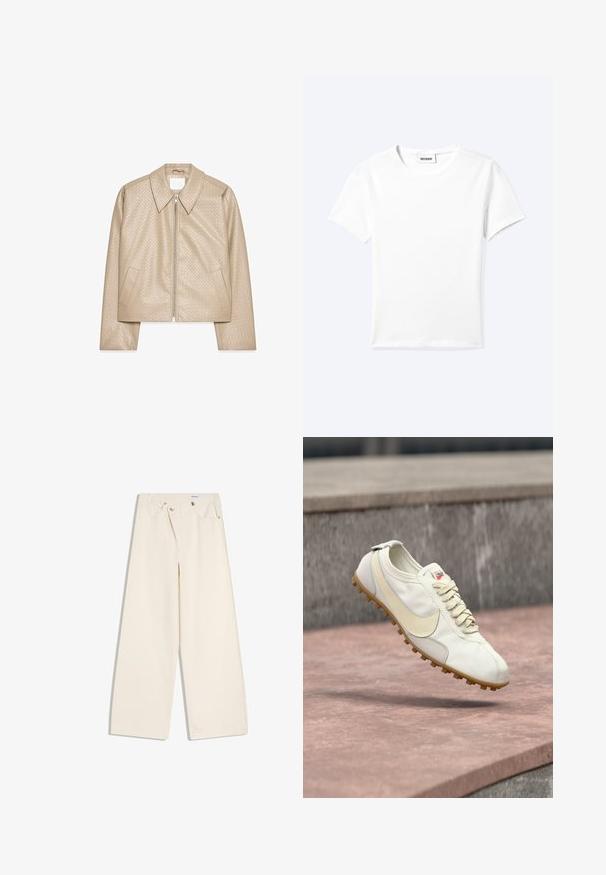 Beige cropped jakke lavet af struktureret kunstlæder, med stor krave, lynlåslukning foran og to sidelommer.; Ensfarvet hvid t-shirt med korte ærmer og rund halsudskæring med en lille "WEEKDAY" label indeni halskanten, vist fladt på en lys baggrund.; Off-white bukser med vidde i benene, foranlommer, bærestropper og sølvknapper på linningen og lommekanter.; Hvid og beige atletiksko med snørebånd og gummisål, svævende over en stenovertag med en sløret betonbaggrund.