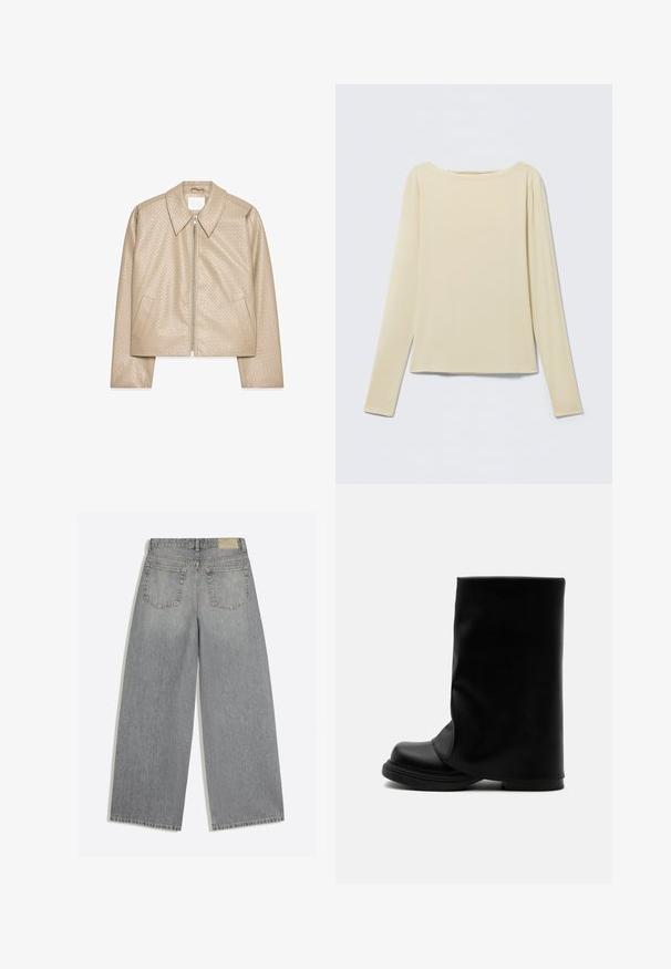 Beige cropped jakke lavet af struktureret kunstlæder, med stor krave, lynlåslukning foran og to sidelommer.; Beige langærmet tætsiddende top med bådudskæring, vist fladt på en lys baggrund.; Grå vidbenede denimjeans der viser bagsiden med to lommer og bæltestropper lagt fladt på hvid baggrund.; Sort høj læderstøvle med bred, løs øvre skaft og en tyk, rundet sål på hvid baggrund.