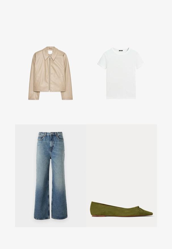 Beige cropped Jacke aus strukturiertem Kunstleder, mit großem Kragen, Frontreißverschluss und zwei seitlichen Taschen.; Schlichtes weißes T-Shirt mit kurzen Ärmeln, rundem Halsausschnitt und einem kleinen schwarzen Etikett innen am Kragen.; Helle Jeans aus Denim mit hoher Taille, weitem Bein, leichter Ausbleichung und Kontrastnähten; verfügt über Fronttaschen und einen Knopfverschluss.; Olivgrüner Veloursleder-Ballettschuh mit flacher Sohle, kleiner gebundener Schleife auf der abgerundeten spitzen Zehe und dünner brauner Sohle.